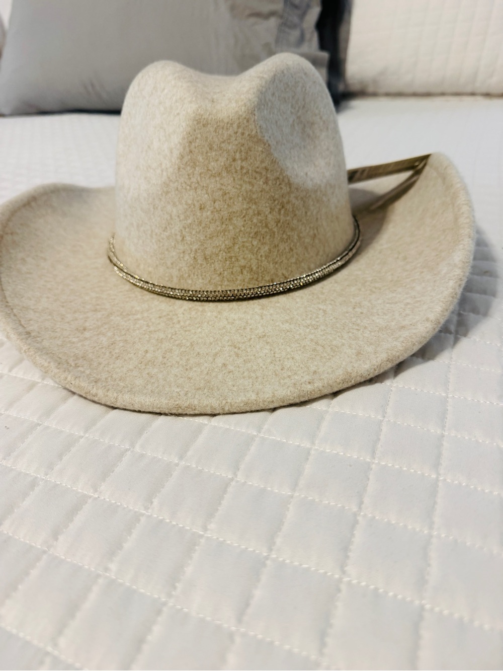 NWT Women’s Beige Felt Wide-Brim Hat with Rhinestone Band